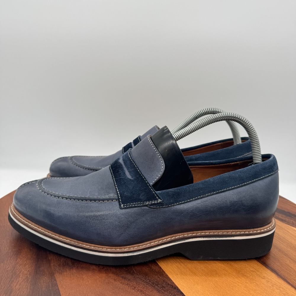 Paul Frederick Klaus Penny Loafers Mens 8 Blue Leather Dress Shoes Casual Italy - Picture 4 of 11